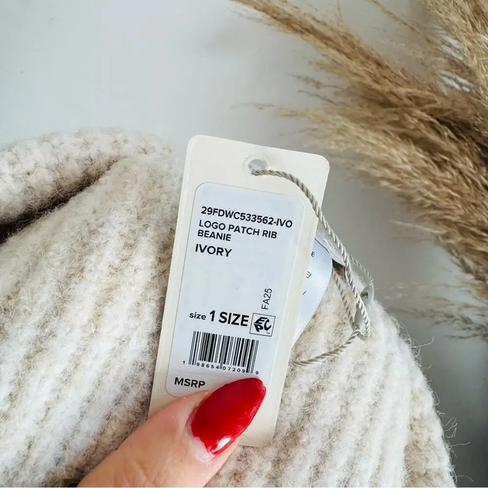 NEW FAVORITE DAUGHTER Cream Beige Tan Logo Ribbed Knit Cuff $78 Beanie Hat Cap